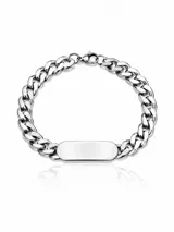 Pulsera de eslabones tipo cubana con placa central lisa, fabricada en acero inoxidable con acabado pulido brillante y cierre de mosquetón.