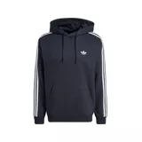Canguro Adidas de color negro con capucha ajustable con cordón, bolsillo tipo canguro al frente, las clásicas tres tiras blancas en las mangas y el logo del trifolio bordado en el pecho.
