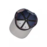 Gorra Mitchell & Ness color azul, de visera curva, con el nombre de la marca bordado en el frente en hilo blanco y logotipo en el lateral.
