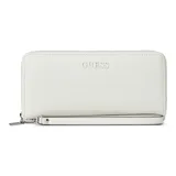 Billetera Guess modelo Remy color blanco crema, con textura saffiano, cierre perimetral, correa de muñeca desmontable y el logo de la marca grabado en el frente.