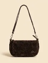Cartera Party Bag de gamuza color marrón oscuro, con doble correa de hombro desmontable, cierre superior y detalle de aplique con forma de corona en el frente.