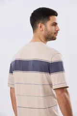 Remera de algodón con diseño de rayas horizontales en tonos azul marino, celeste y líneas finas en verde claro y amarillo pálido. Cuenta con cuello redondo y mangas cortas, con un pequeño bordado en el pecho.