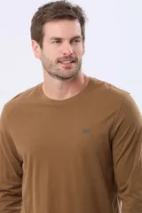 Remera manga larga lisa, color gris claro, con cuello redondo y logo bordado en el pecho.