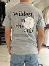 Remera gris melange de manga corta con estampa tipográfica y gráfico de un disco compacto en la espalda con la inscripción "Wildest in the club".