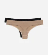 Pack de dos tangas de algodón, una color negro y otra color beige, con detalles de encaje en los bordes.