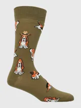 Calcetín de largo medio color verde oliva con estampado de perros basset hound, algunos de ellos con sombrero de vaquero.