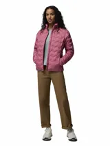 Campera técnica Columbia modelo Delta Ridge II, color rosado, con diseño acolchado de patrón geométrico, cierre frontal completo, cuello alto y bolsillos laterales con cierre.