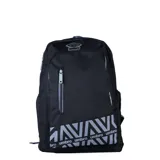 Mochila Umbro color negro con detalles en gris. Cuenta con un compartimento principal con cierre, un bolsillo frontal vertical con cierre y un diseño gráfico estampado en la parte inferior con el logo de la marca.