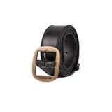 Cinturón de cuero negro enrollado con hebilla metálica de estilo vintage color bronce, grabada con el logo "Kiko's".