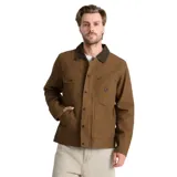 Campera de lona encerada color marrón, con cuello de pana en tono contrastante, cierre frontal con cremallera y botones a presión, bolsillos frontales tipo parche y forro interior de franela.