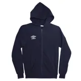 Campera deportiva Umbro con capucha, cierre frontal completo y bolsillos tipo canguro. Presenta el logo de la marca bordado en el pecho.