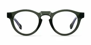 Lentes blueblocker modelo Dayo con armazón redondo de color verde y detalles geométricos en el puente.