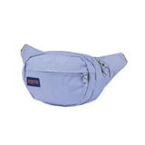 Riñonera Jansport modelo Fifth Avenue, color celeste claro, con un compartimento principal con cierre y un bolsillo frontal con cierre. Presenta el logo rectangular de Jansport en color azul marino.