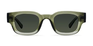 Lentes de sol redondos color gris con lentes verdes polarizadas.