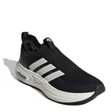 Championes Adidas Cloudfoam Cuxxion de hombre, color negro con las clásicas tres tiras blancas en los laterales y suela blanca amortiguada. Diseño sin cordones de tipo slip-on con capellada de tejido técnico transpirable.