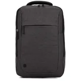 Mochila negra de poliéster con compartimento para laptop, bolsillo frontal con cierre y asa superior acolchada.