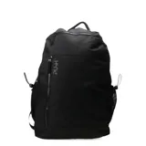 Mochila urbana marca Push, color negro, con compartimento principal con cierre, bolsillo frontal vertical con cierre y bolsillos laterales de red con cordón ajustable.