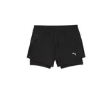 Shorts de running Puma Run Fav Velocity 2 en 1, color negro, con calza interior y logo estampado en blanco.