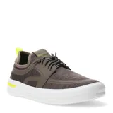 Championes urbanos Democrata modelo Ulite, color marrón oscuro con detalles en amarillo neón en el talón y suela blanca. Confeccionados en tejido de malla transpirable con refuerzos sintéticos y sistema de cordones.