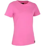 Remera de algodón de corte clásico, con cuello redondo y mangas cortas. Presenta un diseño liso en color rosa con una pequeña etiqueta de la marca en el ruedo.