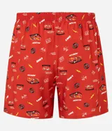 Calzoncillo bóxer de tela color rojo, con estampado del personaje Rayo McQueen de Cars y otros motivos relacionados con la película. Cuenta con cintura elástica.