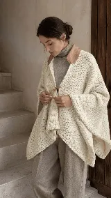 Poncho de lana natural con textura tejida, diseño envolvente de silueta amplia y apertura frontal con lazo de ajuste. Presenta un cuello aplicado en cuero que aporta estructura y detalle artesanal en los bordes.