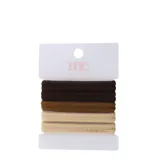 Pack de cinco gomitas de pelo elásticas en tonos marrones y beige, presentadas en un empaque de cartón con el logo de la marca Miss Carol.