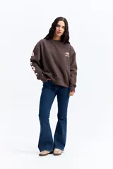 Buzo de algodón color marrón chocolate, con cuello redondo y diseño holgado. Presenta una estampa gráfica en la espalda con motivos de atardecer y montañas, junto con texto decorativo. Además, incluye una estampa en la manga con letras grandes.