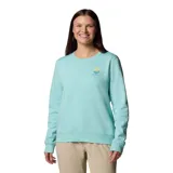 Buzo de cuello redondo Columbia, color turquesa claro, con diseño de logo gráfico pequeño en el pecho.
