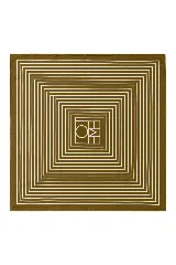 Pañuelo cuadrado de color verde oliva con estampado geométrico de líneas blancas concéntricas y logo central.