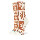 Medias Stance Flower Girl con diseño de cuadrados con flores en tonos marrones y blancos.