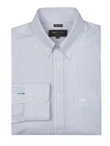 Camisa de manga larga RKF con estampado de rayas verticales finas en tonos gris y azul sobre fondo blanco. Presenta cuello button-down, bolsillo en el pecho con logo bordado y puños ajustables con botones.