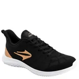 Championes deportivos Topper modelo Liss Wns, color negro con detalles en tono cobrizo en el logo y talón, sobre una suela blanca.