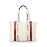 Tote bag de tela canvas color beige, con asas dobles de hombro estampadas con la inscripción "Lincoln's" y detalles en símil cuero marrón.