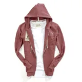 Campera con capucha color rosa viejo, con cierre frontal y bolsillos tipo canguro.