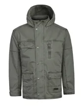 Chaqueta de algodón verde militar con capucha integrada, múltiples bolsillos frontales con solapa, un bolsillo vertical con cierre y cierre frontal con cremallera y broches a presión.
