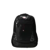 Mochila ejecutiva de color negro, confeccionada en material resistente con múltiples compartimentos y bolsillos exteriores con cierre. Presenta detalles en costuras rojas y un emblema metálico en la parte superior.
