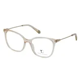 Armazón de anteojos T.Calandra modelo C38Z, con marco de acetato transparente en tono salmón y patillas metálicas finas en color dorado.