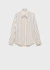 Camisa fluida de corte recto con diseño de rayas verticales, cuello camisero, manga larga y cierre frontal de botones.