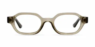 Armazón de receta con diseño ovalado y angular, fabricado en material bio-based color beige traslúcido.