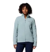 Campera de polar Columbia modelo Fast Trek II, color celeste, con cierre frontal completo, cuello alto, bolsillos laterales con cierre y bolsillo adicional con cierre en la manga izquierda.