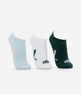 Pack de tres pares de medias invisibles de la marca Puma, confeccionadas en algodón. Cuentan con diseño liso, talón y punta reforzados, y puño elástico discreto con el logo de la marca en la puntera y el lateral.