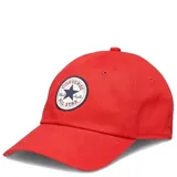 Gorra de béisbol Converse color rojo con parche circular bordado en el frente que incluye el logo clásico de la marca.