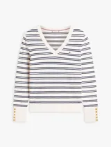 Sweater de punto de puro algodón orgánico con diseño a rayas horizontales en color blanco, azul marino y celeste. Presenta cuello en V, mangas largas con puños acanalados y el logo bordado de Tommy Hilfiger en el pecho.