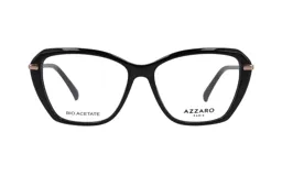 Armazón para anteojos de acetato negro, marca Azzaro, modelo 30393. Diseño mariposa con detalles dorados en las bisagras.