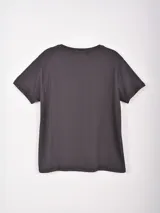 Remera gris oscuro de manga corta con cuello redondo. Presenta un estampado frontal con dos figuras femeninas estilizadas, una vestida de rosa con una estrella blanca y la otra con un look negro y rojo.