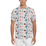 Camisa de manga corta con cuello clásico y estampado de motivos playeros en tonos celeste, naranja y marrón.