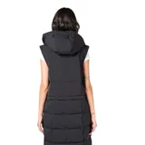 Campera larga tipo puffer color negro, con diseño acolchado, cierre frontal completo, cuello alto y capucha desmontable.