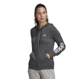 Campera Adidas Essentials de mujer color gris con cierre frontal y capucha con cordón ajustable. Logo de Adidas estampado en el pecho y letras verticales en la manga izquierda.