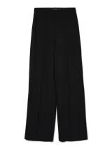 Pantalón wide leg de tiro alto negro, con pinzas y costuras frontales marcadas.